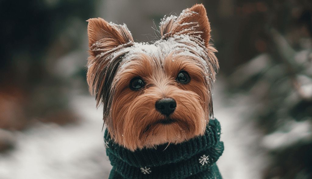 a dog wearing a sweater and snow on its head